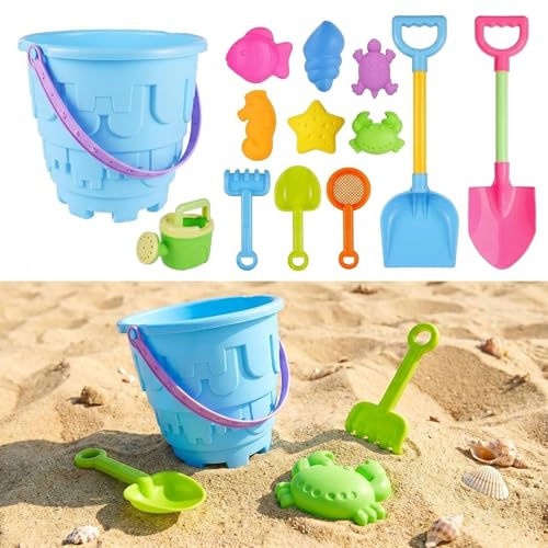 Satiskid 13 Pcs Kids Beach Sand Toys Set, Castle Bucket Sand Play Tools with Shovels, Molds & Watering Can, Summer Outdoor Toys for Beach, Pool, Sandbox & Backyard