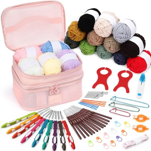 VynyQoo Kit crochet 74 pièces pour débutants avec 17 fils, 9 crochets ergonomiques de 2,0 à 6,0 mm, 12 crochets fins, accessoires et sac de rangement, pour débutants et confirmés