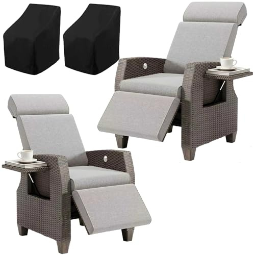 Fiutazge 2Pcs Fauteuil Relax en Rotin,Chaise Longue Jardin avec Coussin,Dossier Réglable,Table Latérale,Transat Jardin Exterieur,Bain de Soleil pour Intérieur,Extérieur,Beige