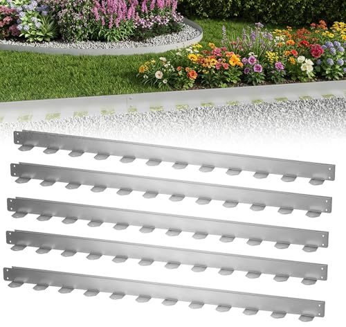 XMTECH Bordure de parterre de 5 m argentée, bordure de pelouse en acier galvanisé 100 x 10 cm, bordure de parterre flexible et bord de tonte en métal, résistante aux intempéries pour jardin, pelouse