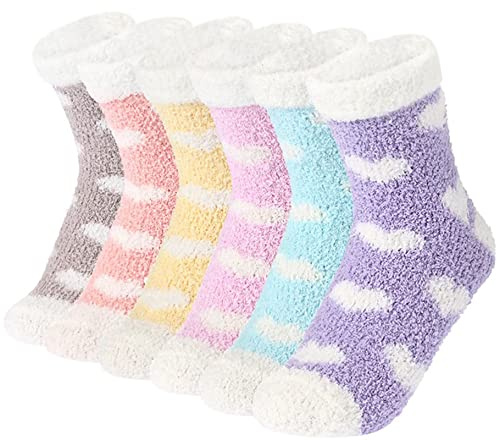 Toes Home Plush Slipper Socks Women - Colorful Warm Fuzzy Crew Socks Cozy Soft for Winter Indoor Hearted 6 Pairs