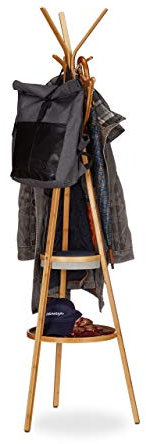 Relaxdays Garderobe mit Ablage, dreiarmiger Bambus Kleiderständer mit 6 Haken, Kleiderablage HxBxT: 171x50x50cm, natur