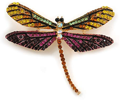Broche de libélula de cristal amarillo/verde/fucsia/negro en tono dorado, 60 mm de ancho, talla única, Sin tipo de metal, Diamante.
