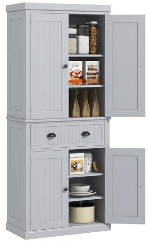 HOMCOM 183cm Tall Kitchen Cupboard, Kitchen Pantry Cabinet with Drawer, 3 Adjustable Shelves and 4 Doors, Freestanding Storage Cabinet for Dining Room, Living Room, Grey
