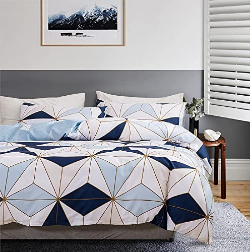 Housse de Couette 240x260 Bleu Blanc à Carreaux Motif Géométrique Parure de lit Adult avec 2 Taie d'oreiller 65x65 Reversible Parure Housse Couette 2 Personnes en Microfibre Fermeture Éclair