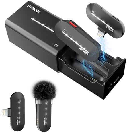 SYNCO Micrófono Inalámbrico Solapa para iPhone, P1SL Micrófono Lavalier inalámbrico para iPad con Estuche de Carga【Certificación MFi】, Micrófono-Solapa-Inalámbrico-Wireless-iPhone