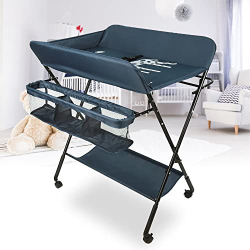 Wickeltisch, faltbar und tragbar, mobile Windeltische mit Aufbewahrungstasche, Sicherheitsgurt und Aufbewahrung unter dem Jacent, Pflege für Neugeborene mit Rädern (80 x 66 x 98 cm, dunkelblau)