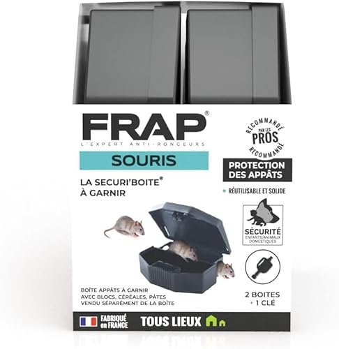 FRAP SECURI'BOITE - Boîte Appât Souris À Garnir - pour Souris Réutilisable Et Solide - 1 Clé fournie - Tous Lieux - Lot De 2, Noir