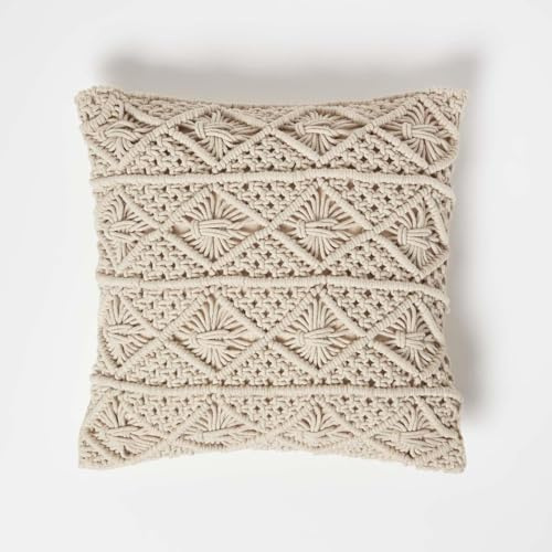 HOMESCAPES Handvävd makramékudde 100 % bomull naturlig krämkudde med kabelstickad stil bo-ho-mönster super mikrofiber kuddinsats 45 x 45 cm