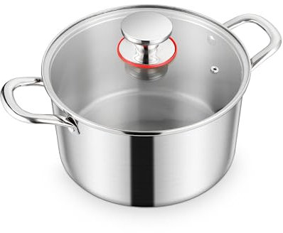 Homikit Pentola da 20 cm, a 3 strati, in acciaio inox, a induzione con coperchio in vetro, 3,3 l, per tutti i tipi di fornelli, in acciaio inox lucidato e non rivestito, sano, lavabile in