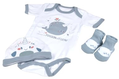 Bébé Douceur, Lot Body + Bonnet + Chaussettes Taille Naissance 100% Coton Narval Ocean