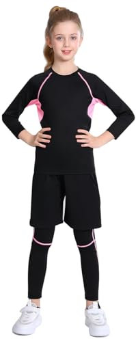 linboo Kinder Mädchen Sportanzug 3tlg Yoga Anzug mit Langen Ärmeln, Hosen, Sport Short, Kleidung Set, Atmungsaktiv und Elastisch, Outdoor eng anliegende Tanz- und Fitnessbekleidung, Rosa, 146-152