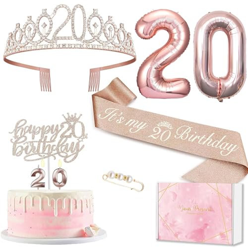 Décoration pour 20e anniversaire femme, couronne et écharpe d'anniversaire 20 ans, décoration de gâteau d'anniversaire et bougies, ballon en aluminium rose 20, 20e cadeau pour fille