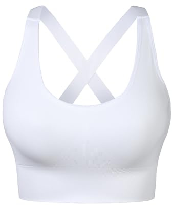 Nabawa sport-bh för kvinnor ovadderad medium stöd criss cross back sport-bh sömlös hög inverkan yoga träning BH gym träningskläder topp, Vitt, XL