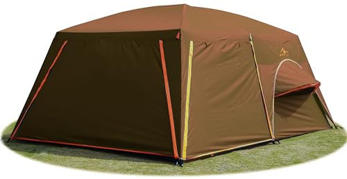 KTT Extra Large Tent 12 Person,Family Cabin Tents,Full Rainfly,2 Bay-Windows,2 Rooms and 3 Doors 3 Windows with Mesh,Waterproof,Straight Wall,Double Layer,Big Tent for Outdoor,Picnic,Camping(Brown)