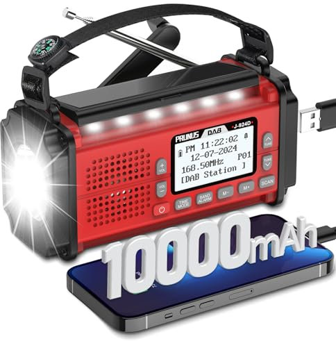 PRUNUS J-924 Digital Radio DAB+/UKW, Kurbelradio Notfall mit 10000mAh Akku, DAB Radio mit Bluetooth, Notfallradio mit Taschenlampe/SOS Alarm/Handyladefunktion für Ourdoor, Notfall. (Rot)