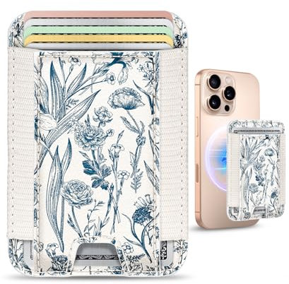 Kokaade Compatible with Magsafe Wallet - for Magnetic Leather Card Holder Blue Flower Design for Women Girls for iPhone 16/15/14/13/12 Series Cute Aesthetic Card Wallet with Elastic, Fit 7 Cards