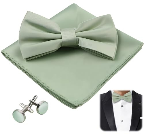 Bravien Sagegrön elegant fluga för män med näsduk och manschettknappar, herrtillbehör för bröllop, ceremoni och fest