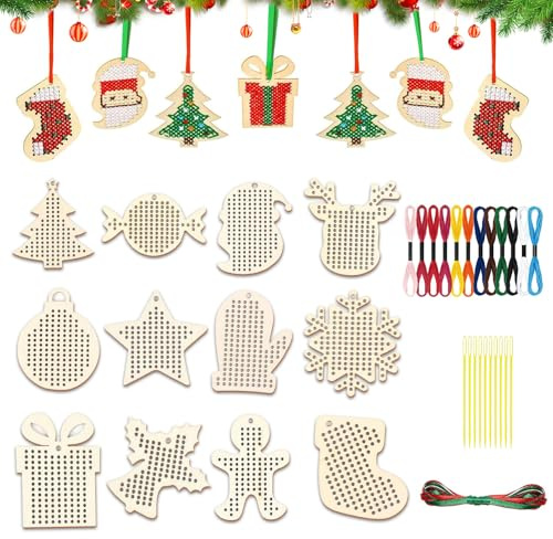 Juego de 12 piezas de punto de cruz de madera de Navidad, costura de madera, punto de cruz, adorno para árbol de Navidad, decoración colgante, juego de manualidades con piezas de madera e hilo de