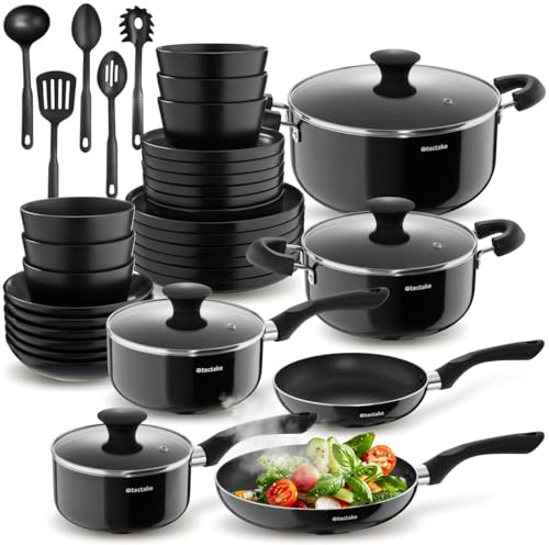 tectake®, Set cucina completo, 39 pezzi, set servizio piatti 6 persone, moderni, adatti al microonde, 6 ciotole, 18 piatti eleganti, 2 pentole, casseruole, padelle antiaderenti, coperchi - Nero