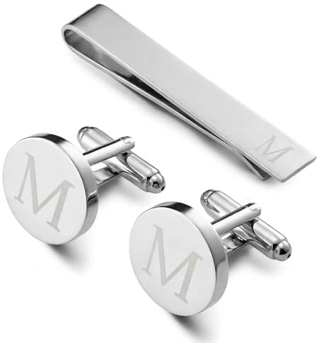 Gemelos y pasador de corbata para hombre, Gemelos personalizados para boda, banquete, ceremonia, negocios (Plata-M)