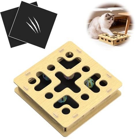 Moxzolo Boîte à gratter pour ongles avec 3 tampons en papier de verre et 4 balles de cloche, grattoir à ongles en bois robuste pour les ongles de chat, jouet en feutre pour chats motivés, anneaux de