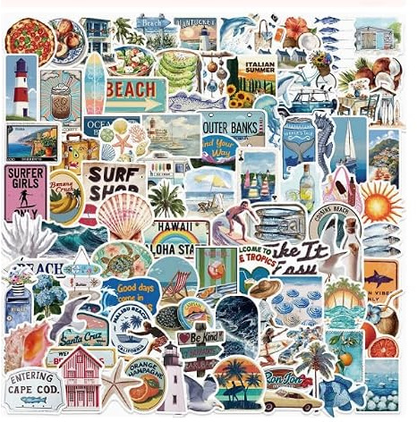 100PCS Beach Stickers Ocean Summer Aesthetic, Blue | Waterproof Vinyl, For Water Bottle Laptop Luggage Skateboard, Cute Scrapbook Stickers, Coast Decor for Teen Girls Adult