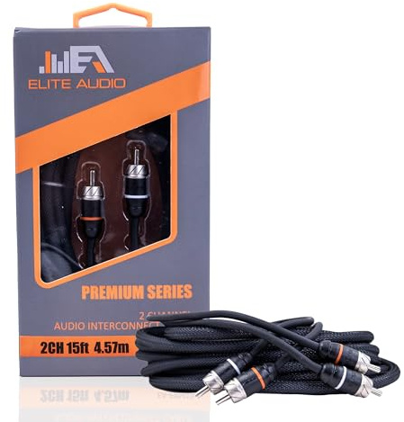 Elite Audio Premium Series 15ft. 2-Channel Car Audio RCA Cable – Double Shielded, Oxygen Free Copper, Noise Reducing Audio Cable for Amplifiers, Subwoofers, Speakers, and Processors – PRM15