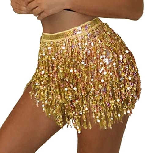 Women's Sequin Tassel Skirts Sparkly Rave Fringe Hip Scarf for Festival Costume(Gold)