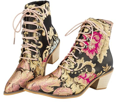 Gets Womens Vintage Floral Embroidered Block Heel Cowboy Boots Heighten Ankle Booties