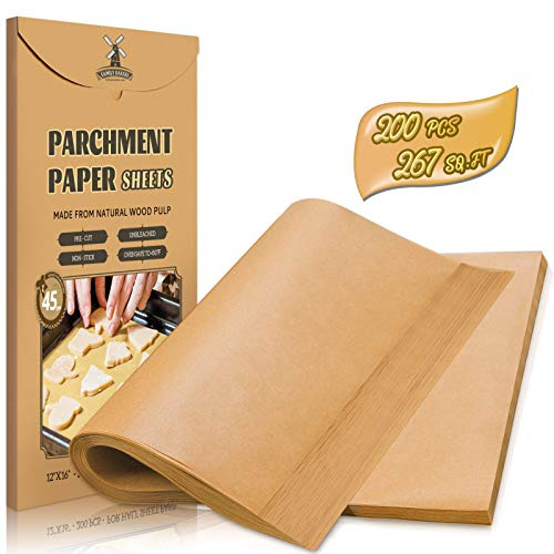 200 Pcs Parchment Paper Sheets, 12 x 16 Inch, Precut Non-Stick Parchment Sheets for Baking, Cooking, Grilling, Air Fryer and Steaming - Unbleached, Fit for Half Sheet Pans