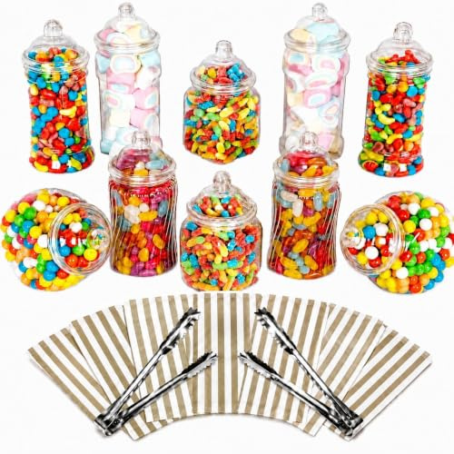 Truly Sweet Candy 10 Plastic Sweet Jars, 5 styles, 2 tongs, 50 bags Buffet (Gold)