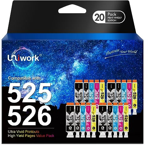 Uniwork PGI-525 CLI-526 Druckerpatronen Kompatibel für Canon 525 526 Tintenpatrone, Multipack Patronen für PIXMA MG5350 MG5150 MG5250 IP4850 IP4950 IX6550 MX885 MX715 MG6150 (20er-Pack)