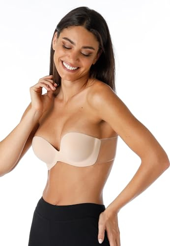 Lovable Reggiseno Fascia Autoreggente, Push-up, Coppe Adesive e Lati Trasparenti, Sostegno Invisibile, Senza Spalline, Invisible Secret Donna, Skin, L