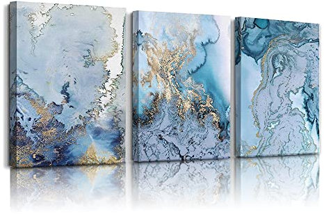 hyidecorart Abstrakte Bilder Leinwand mit Rahmen 50x70 cm 3er Set Deko Schlafzimmer, Wandbilder Wohnzimmer Modern Natur Kunstdruck Blau Golden Marmor Gemälde Flur Badezimmer Wohnung Büro Villa