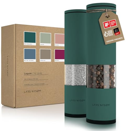 LARS NYSØM Salz und Pfeffer Mühle 2er Set Manuell mit einstellbarem Keramik-Mahlwerk von grob bis fein I Design Gewürzmühlenset (2 Stück) (Pine Green)