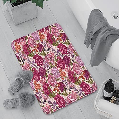 Badematte rutschfest, Badteppich für Badezimmer,Shabby Chic Dekor, Pfingstrosen Brombeere und Wildblumen im Vintage-Stil bunte Natur Ho,Waschbar Badezimmerteppich für Wohnzimmer Schlafzimmer 60x100 cm