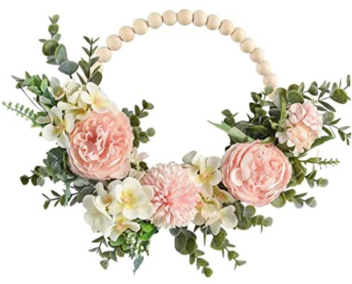 Liummrcy Artificial Pink Hydrangea and Peony Floral Spring Wreath Silk Peony Wreath with Eucalyptus Leaves Welcome Front Door Wreath Wood Bead Floral Wreath Artificial Flower Hanging Hoop Wreath