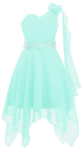Freebily Vestito da Festa Cerimonia Matrimonio Damigella Bambine Ragazze Monospalla Elegante Abito da Sposa Comunione Battesimo Chiffon Vestito da Principessa Orlo Asimmetrico Menta Verde 15-16 Anni