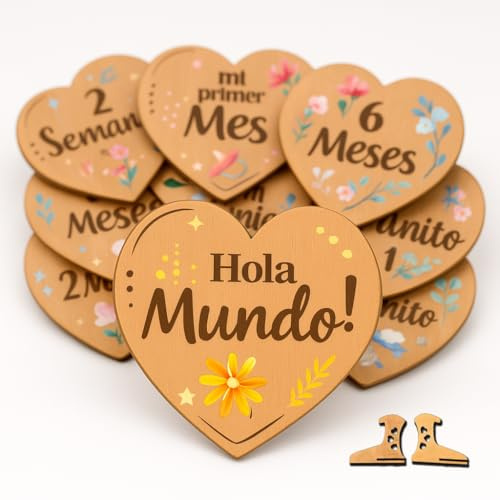 Set de regalo para recién nacido y cumple mes bebé. Tarjetas placas fichas de madera forma de corazón grabado doble cara. Regalo original mamá embarazada padres primerizos bebé niño y niña