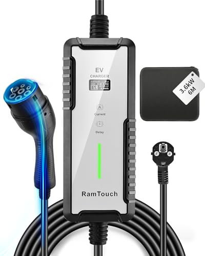 RamTouch Ladekabel Elektroauto Typ 2 Schuko (3,7 kW, 1-phasig, 8,5 m), IP65 Mobile Wallbox Schuko mit 6A-16A Einstellbar und Timer & Verzögerung, EV-Ladegerät mit LCD für E-Autos & PHEV