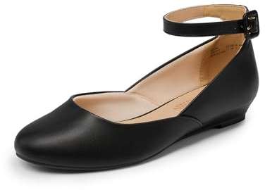 DREAM PAIRS Women's Dress Flats Ballet Low Wedge Round Toe Ankle Strap Comfortable Casual Flats Shoes, Revona，Black/PU-1,Size 9