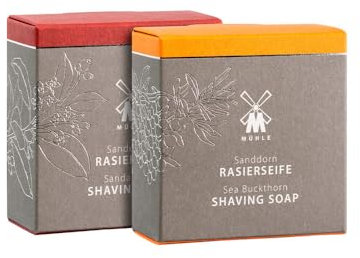 MÜHLE Rasierseifen-Duo - Rasierseife für alle Hauttypen - sanft, fruchtig, vegan - 2x 65 g - Sanddorn und Sandelholz