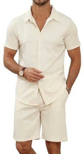 MLANM Men's 2 Piece Short Sets Casual Button Down Shirt and Shorts Set Knit Polo Set Vintage Summer Beach Outfits Loose Tracksuits,M Beige