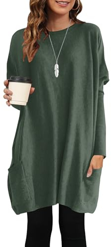 AUSELILY Maglione Donna Lungo Oversize Maglietta Donna Maniche Lunghe Leggero Pullover Girocollo Felpa T-Shirt Vestito con Tasche Verde Scuro L