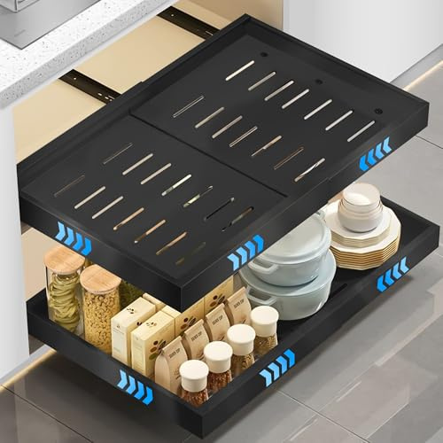 WELLTE 1 Pieza Cajón Telescópico para Pegar, (32-52 cm ancho × 53 cm prof. × 7,5 cm alto) Extraíble para Cocina, Organizador de Cajones de Cocina, sin Necesidad de Taladrar ni Clavar, Negro