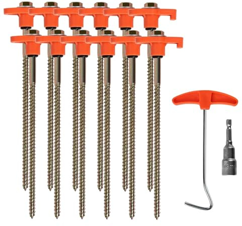 AURIVEE 12x Zeltheringe, Schraubheringe mit Gewinde für felsigen Boden, Erdnägel mit Nagelzieher & Akkuschrauber-Adapter, robuste Stahl-Heringe für Camping und Outdoor