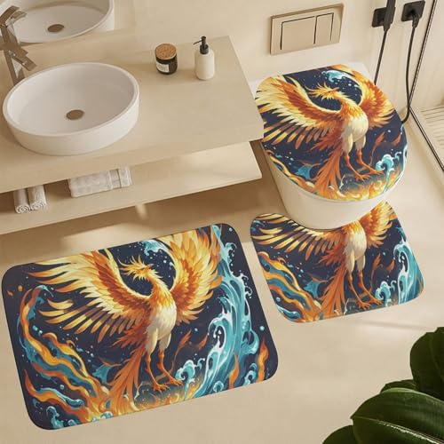 3 Piezas Juego De Alfombra De Baño Fénix De Fuego Y Agua Alfombra De Contorno Lavable Absorbentes Alfombras De Cama, para Dormitorio, Cocina, Bathroom