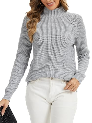 YUTILA Jersey de punto para mujer con cuello alto – Jersey cálido de punto grueso de manga larga, suave jersey de invierno, gris, L