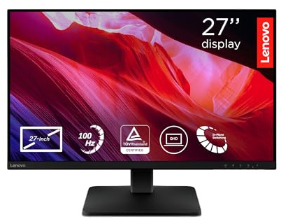 Lenovo L27qe Monitor 27 inch | QHD, 100 Hz, IPS, 4ms, 16:9, HDMI 2.1 - DP 1.4 | VESA Adaptive Sync | VESA mount 100mm | Tilt |Raven Black